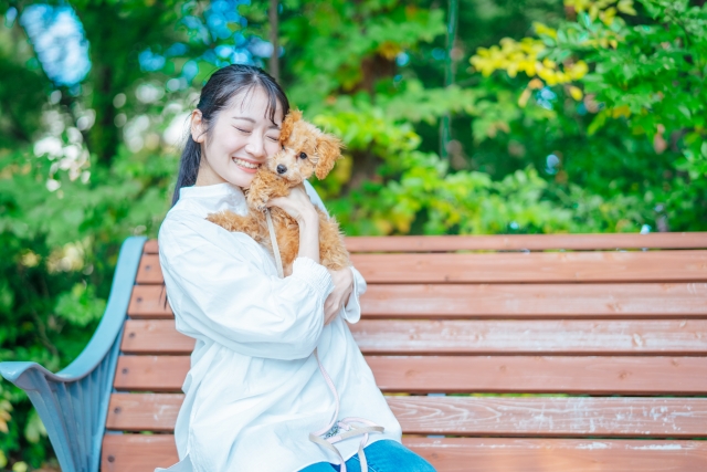 ベンチに座り笑顔で犬を抱きしめる女性