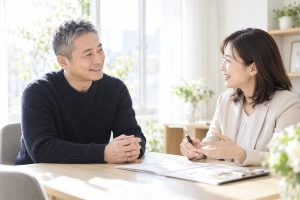 明るい相談室で、担当のアドバイザーの話を聞いている40代後半の男性