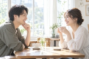 明るい窓辺のカフェの席で向かい合って話している30代の男女