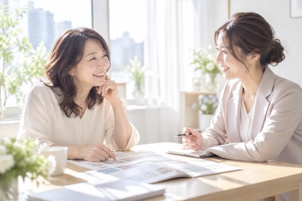 明るい相談室で、担当のアドバイザーに婚活の計画を相談している40代の女性