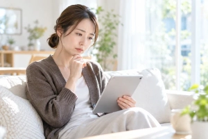 明るいリビングのソファでタブレットを持ち、結婚相談所のページを見ている30代前半の女性