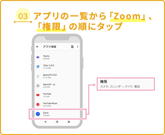 03 アプリの一覧から「Zoom」、「権限」の順にタップ